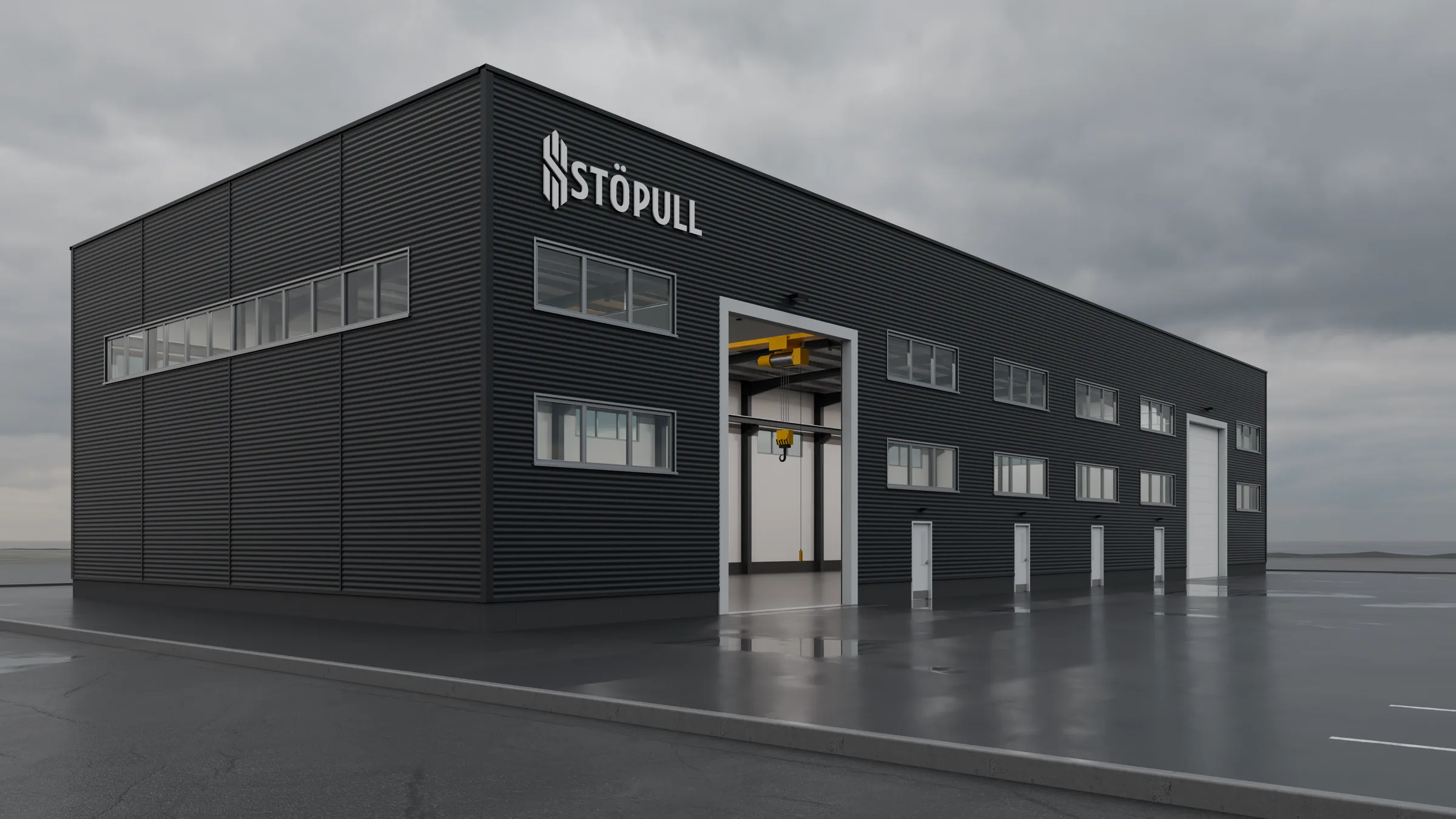 Tölvugerð mynd af húsinu að degi til, opin innkeyrsluhurð og kraninn sést inni